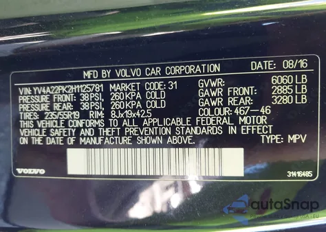 2017 Volvo Xc90 T6 Momentum z USA, uszkodzony, nr VIN YV4A22PK2H1125781